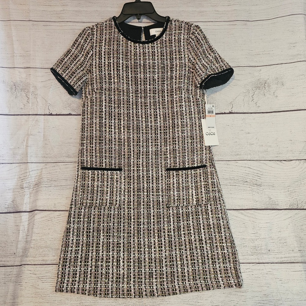 CeCe Time To Shine Size 2 Rich Black Pink Gold Tweed Dress NWT $159 L1037
